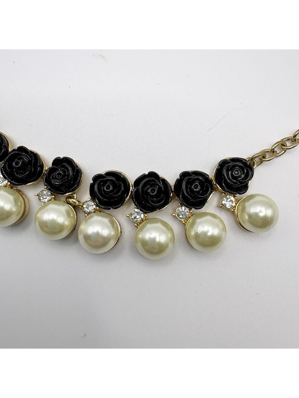 Gold Tone Chain Black Rose Faux Diamond Pearl Bib Choker Collar Necklace 18”